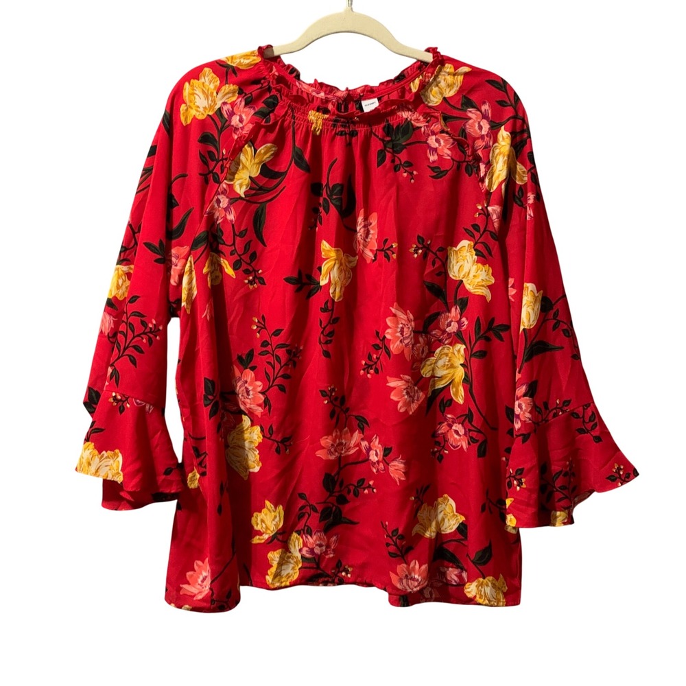 Old Navy Red Floral Bell Sleeve Swing Blouse XXL Ruffle Neck Boho Resort Flowy